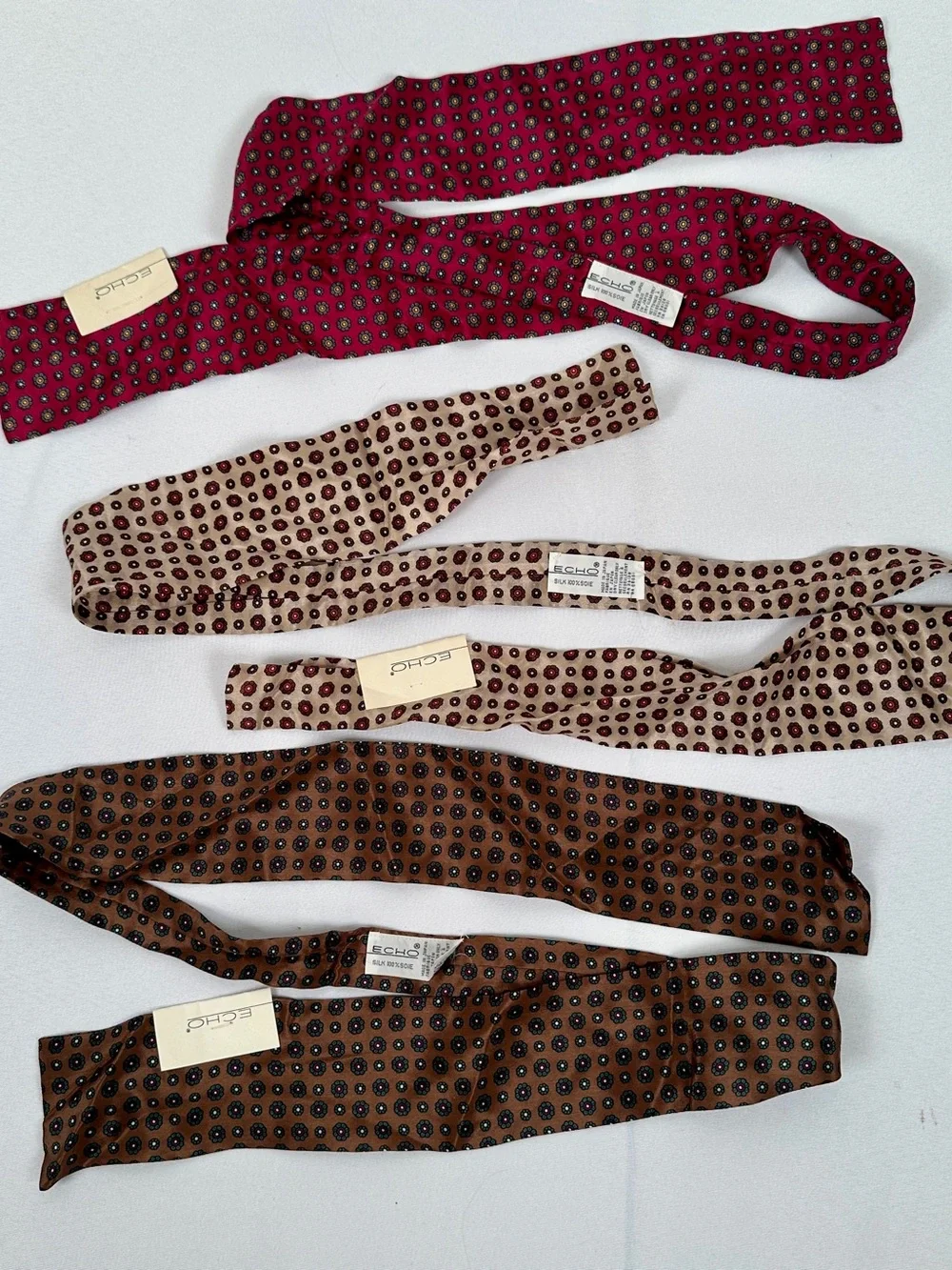 Echo 100% Silk NWT Vintage Ascot Cravat Scarf Trio Burgundy, Beige & Brown